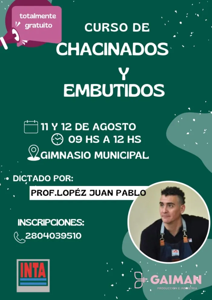 Se abren las inscripciones para el Curso Gratuito de Chacinados y Embutidos en Gaiman