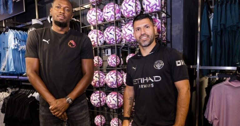 El Kun Agüero y Usain Bolt, la explosiva dupla que arrancó aplausos y risas en la presentación de la nueva pelota de la Premier League