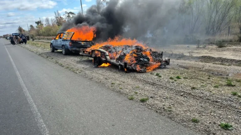 Se prendió fuego una camioneta que tiraba de un carro con cartones en la ruta 7 y originó voraz incendio en una chacra