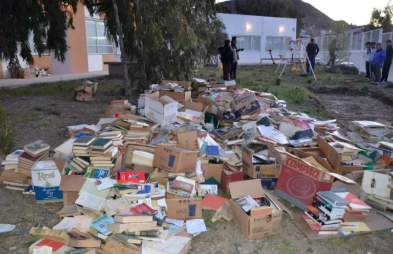 Valle C: Tiraron los libros de la primera biblioteca popular del Chubut al suelo