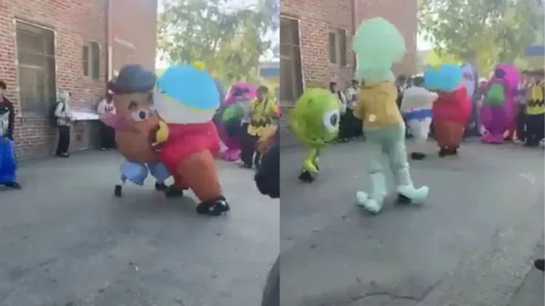 Personajes infantiles a las piñas en un acto escolar