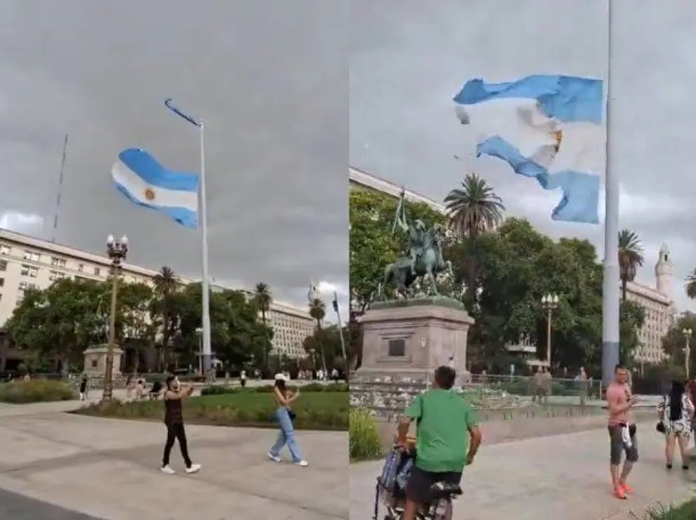 Volvió a izarse la bandera en Casa Rosada, pero se rompió