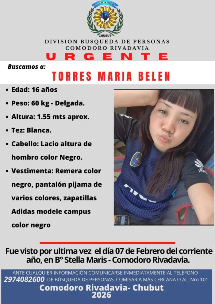 Buscan a una adolescente de 16 años desaparecida en Comodoro