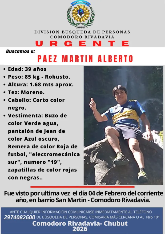 Buscan a un hombre de 39 años en Comodoro