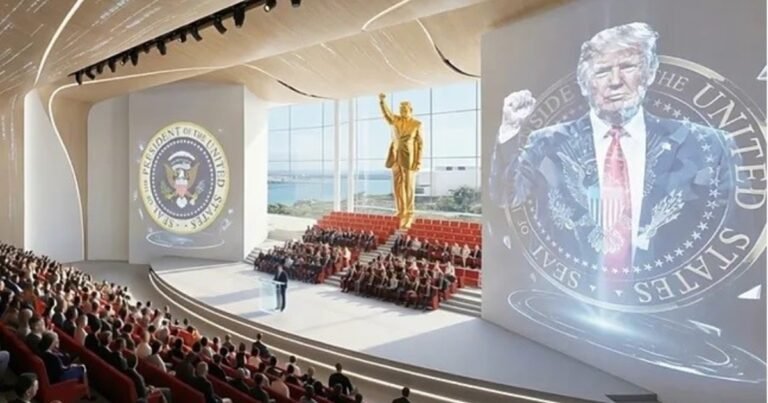 Donald Trump mostró cómo será su biblioteca en Miami, protagonizada por una estatua dorada gigante de él mismo