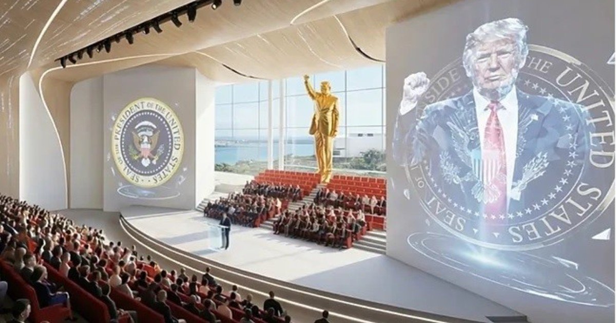 Donald Trump mostró cómo será su biblioteca en Miami, protagonizada por una estatua dorada gigante de él mismo